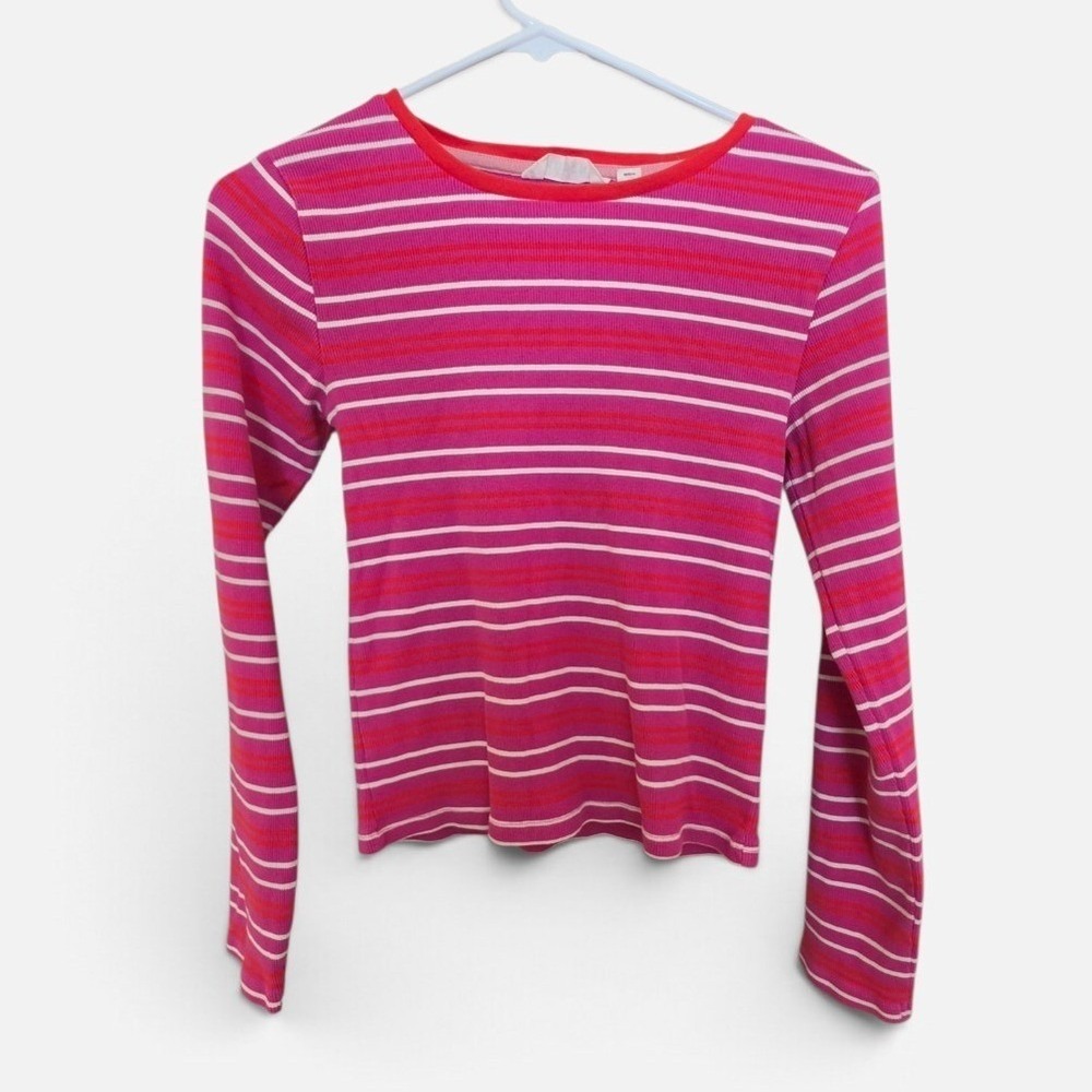Mini Boden Girls Pink Red Striped Ribbed Long Sleeve Top Size 13-14Y